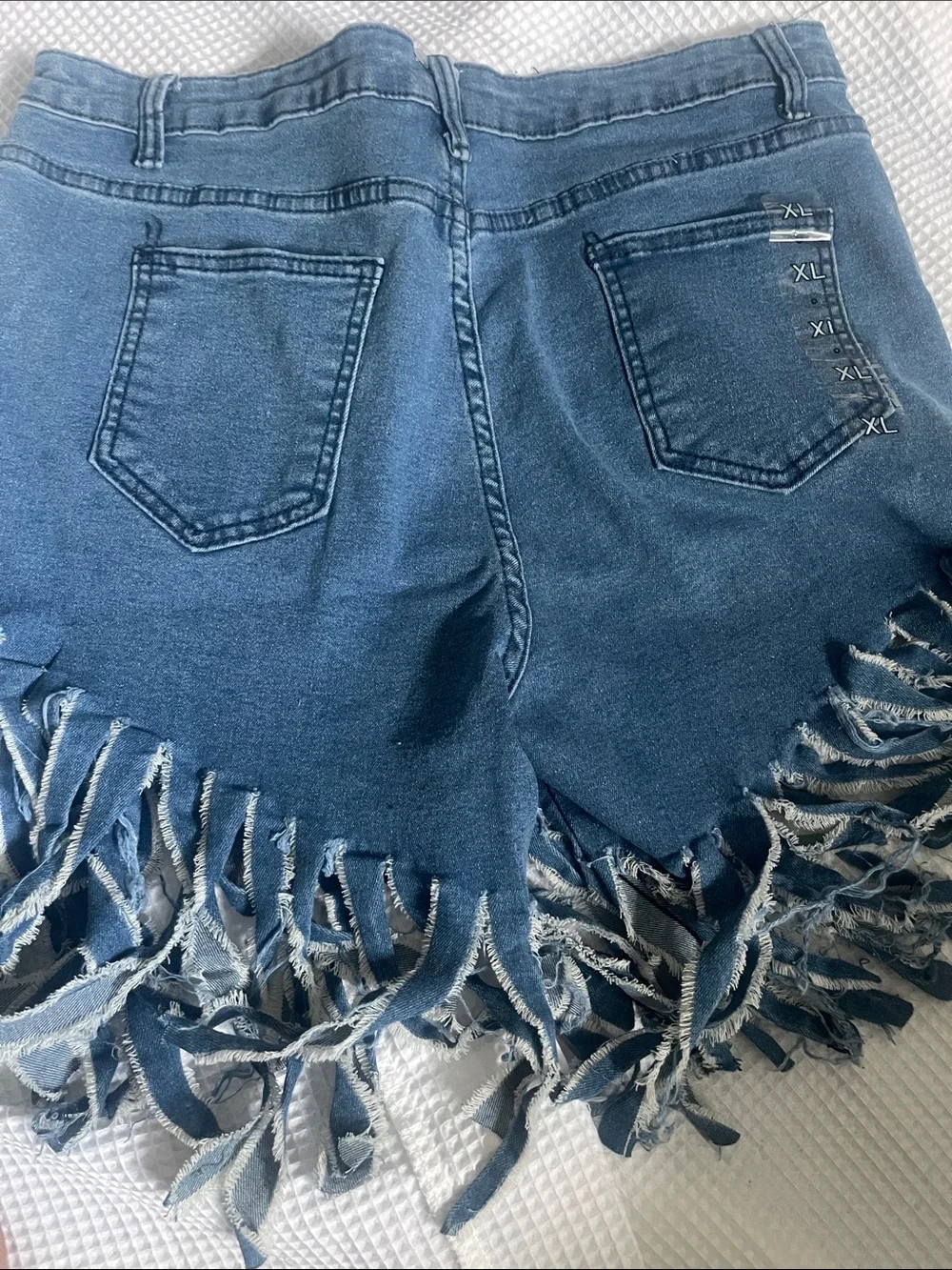 HOEBE Fringe Hem Denim Shorts - Blue